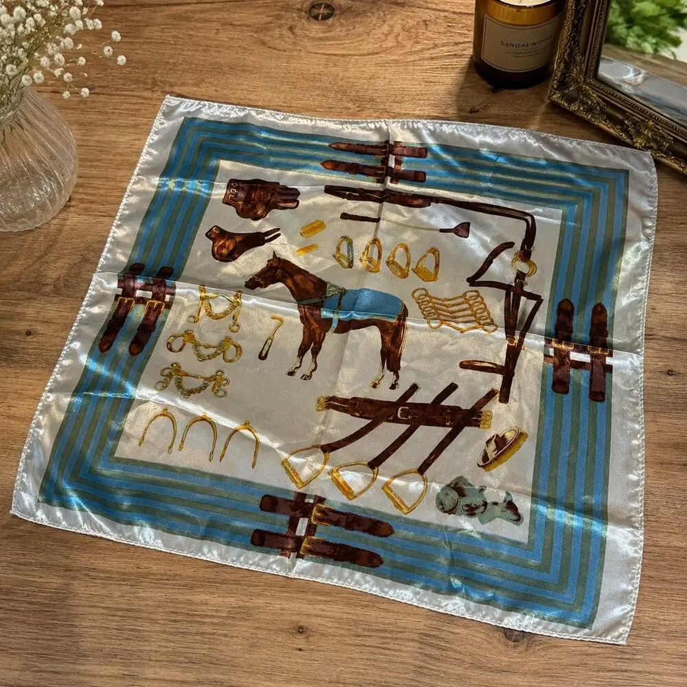 •NEW• Equestrian Horse Silk-Feel Bandana | Blue Border Hanker-chief